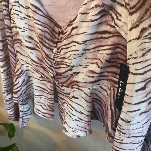 Lulus Wild Gaze Purple Animal Print Button-Up Long Sleeve Peplum Top - Picture 3 of 8